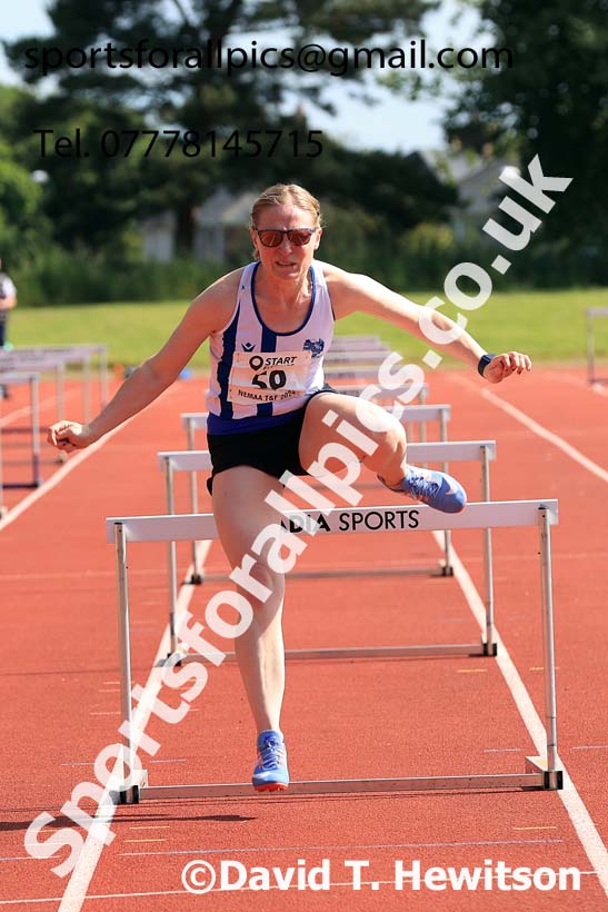 Womens hurdles, 2024 NE Masters Track and Field Champs., Monkton Stadium, Jarrow.  Photo: David T. Hewitson/Sports for All Pics